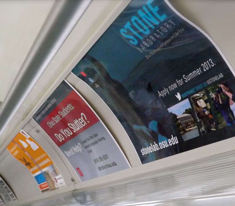 advertisements posted inside bus